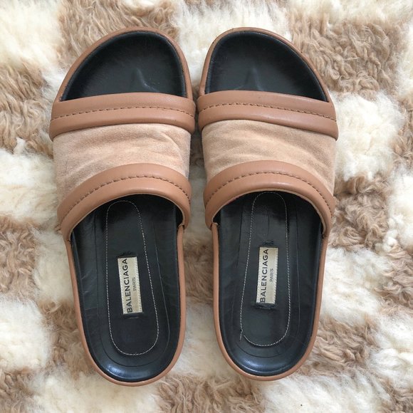 Balenciaga Shoes - Balenciaga leather and suede tan slides sz 36